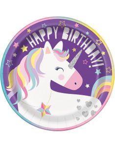 8 stk Papptallerkener 23 cm - Happy Birthday Unicorn