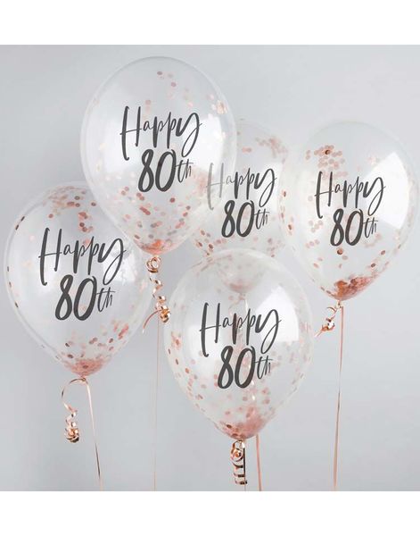 5 stk 30 cm Gjennomsiktige Happy 80th Ballonger med Rosegull Konfetti