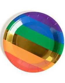 10 stk Regnbuefargede Papptallerkener med Gullstripe 23 cm - Golden Rainbow