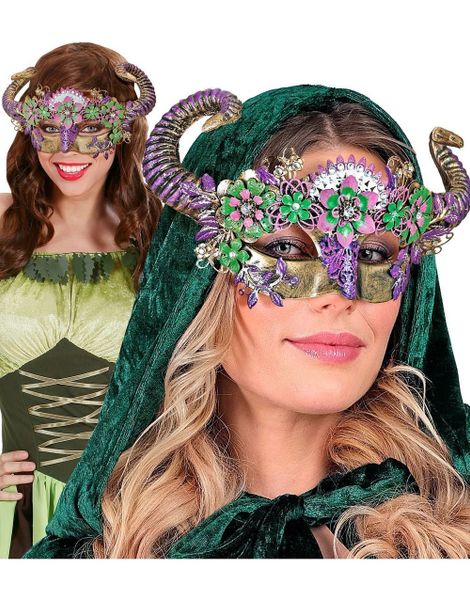 Blomstrete Lilla og Gullfarget Maske med Horn
