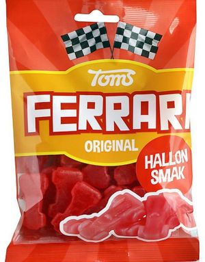 Toms Ferrari Hallon Original - Bilformede Vingummibiter med Bringebærsmak 130 gram