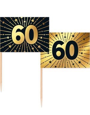 50 Stk 60 år Mat/Kakeflagg 6,5 cm - Svart og Gull