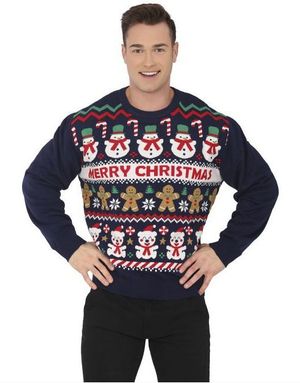 Blå "Merry Christmas" Julegenser med Forskjellige Julemotiver til Herre (Strikkegenser)