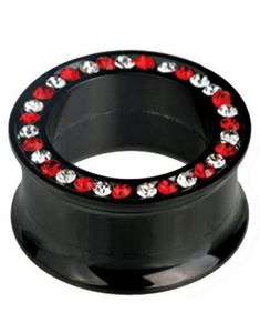 Svart PVD Piercing Tunnel med Klare og Røde Stener