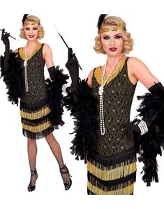 Roaring 20's Gatsby Flapper - Svart og Gullfarget Flapperkjole til Dame