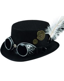 Svart Steampunk Flosshatt med Dekor og Sølvfarget Goggles