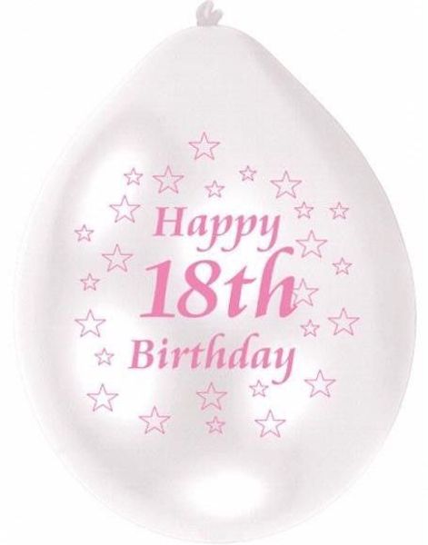 Happy 18th Birthday - 10 stk Hvite og Rosa Ballonger med Stjerner 23 cm