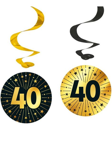 4 stk 40-Års Bursdag Hengende Swirls - Svart og Gull
