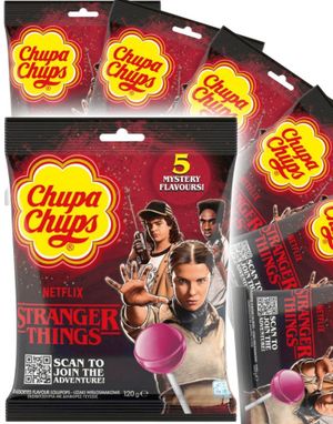 12 stk Chupa Chups Stranger Things Lollipop 5 Mystery Flavours - Kjærligheter med 5 Forskjellige Smaker - Hel Eske 1,44 kg