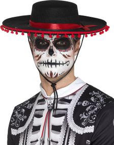 Svart Day of the Dead Hatt med Rødt Bånd og Dusker
