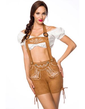 Brun Lederhosen til Dame med Broderi og Lommer