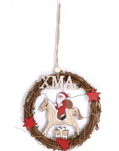 Julekrans i Treverk med Nisse på Hest Xmas
