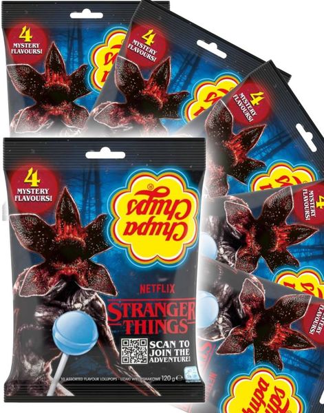 DATOVARE - 12 stk Chupa Chups Stranger Things Lollipop 4 Mystery Flavours - Kjærligheter med 4 Forskjellige Smaker - Hel Eske 1,44 kg