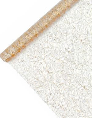 HVIT Organzaløper med Gullfarget Blad-Design 48 cm x 9 meter