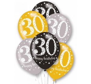 30 år Happy Birthday - 6 stk Svarte, Sølv- og Gullfarget Ballonger 27 cm