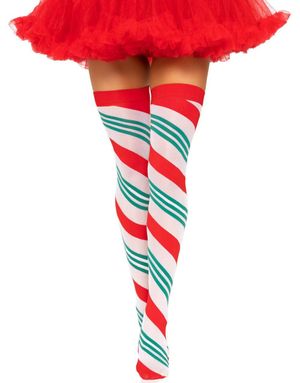Juleinspirerte lårstrømper med røde og grønne båndstriper