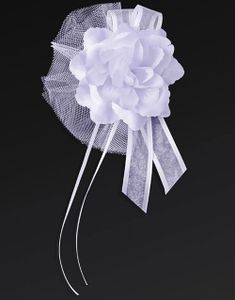 4 stk Hvite Blomster med Tyll og Satinbånd 14 cm