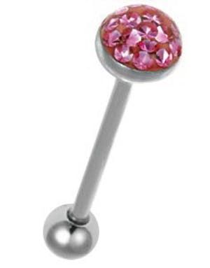 Tungepiercing med Glitrende Rosa Stener på Toppkulen