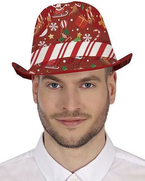 Rød Fedorahatt med Julemotiver