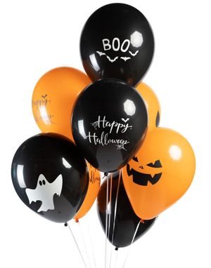 8 stk 30 cm - Svarte og Orange Ballonger med Halloween-motiver