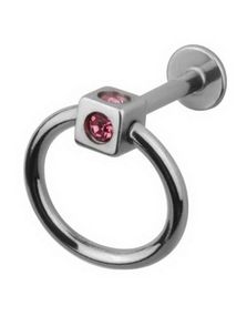 Labret m/Firkantet Kule & Rosa Stener - Strl 1.2 x 8 mm med 3 mm kule