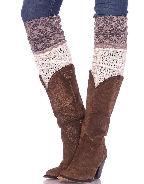 Over-Knee Strømper i Beige med Grå Blondekant