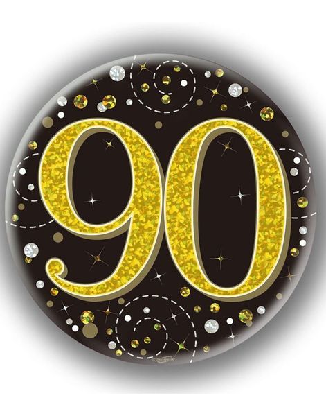 90-års Feiring Svart og Gullfarget Holografisk Stor Button/Badge