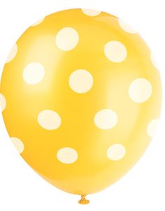 6 stk 30 cm - Gule Ballonger med Hvite Polka Dots