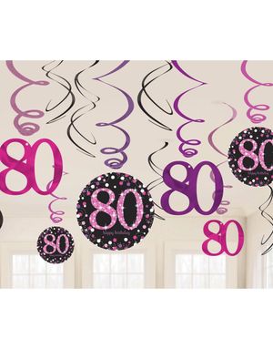 12 stk 80-Års Bursdag Svart og Rosa Hengende Swirls
