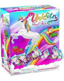 200 stk Unicorn Fizzy Pearl Gum / Tyggegummi med Jordbærsmak og Fizzy Fyll - Hel Eske 920 gram