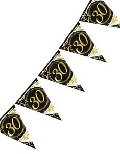 3 Meter Langt Svart og Hvitt Flaggbanner med Gullskrift - 30 ÅR 