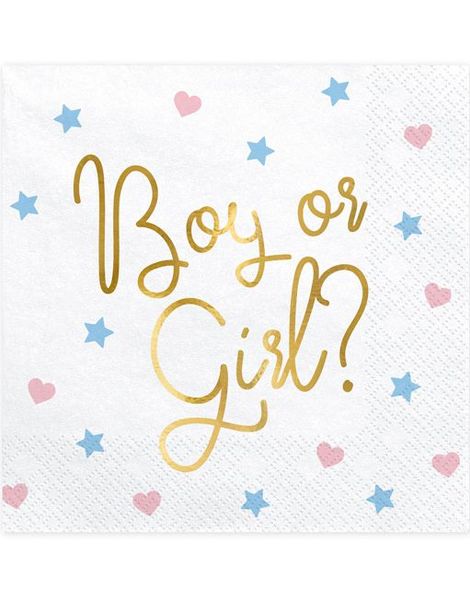 20 stk Gender Reveal Servietter med Gullfoliert Boy or Girl? Tekst - 33x33 cm