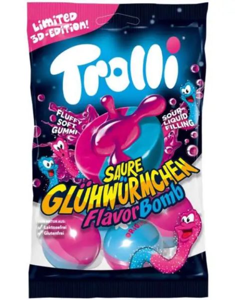 Trolli Flavour Bomb Sour Glowworm - Gelegodteri med Sur Vingummi 75 gram
