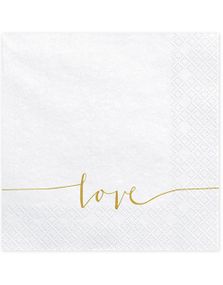 20 stk Hvite Servietter med Gullfarget Love Tekst 33x33 cm