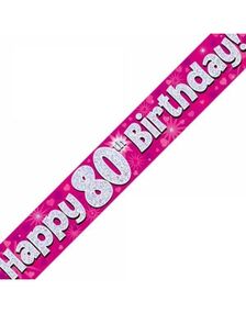 Happy 80th Birthday - 2,7 Meter Rosa og Sølvfarget Holografisk Banner