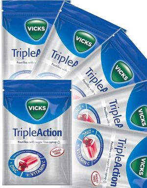 20 stk Vicks Triple Action - Sukkerfrie Halspastiller med Solbær og Mentol - Hel Eske 1,44 kg