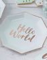 8 stk Mintgrønne Papptallerkener med Foliert Gullfarget Tekst 25 cm - Hello World