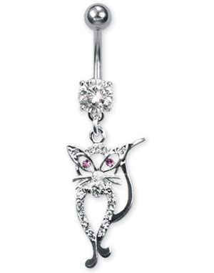 Sølvfarget Navlepiercing med Hengende Pusekatt