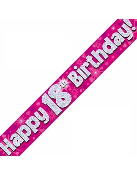 Happy 18th Birthday - 2,7 Meter Rosa og Sølvfarget Holografisk Banner
