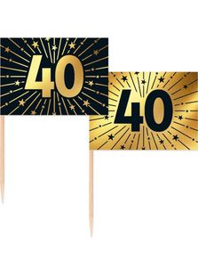 50 Stk 40 år Mat/Kakeflagg 6,5 cm - Svart og Gull