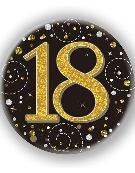 18-års Feiring Svart og Gullfarget Holografisk Stor Button/Badge