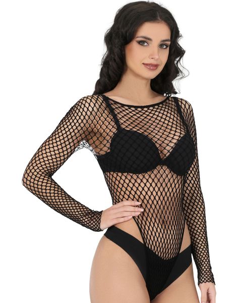 Sexy Svart Mesh Body med Lange Ermer - Onesize