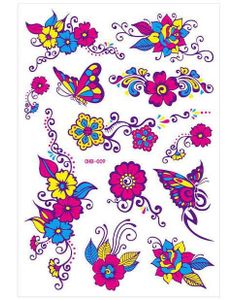 Ark med Forskjellige Fluorescerende Blomster og Sommerfugl Tatoveringer (UV Fake Tattoo)