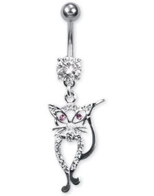 Sølvfarget Navlepiercing med Hengende Pusekatt