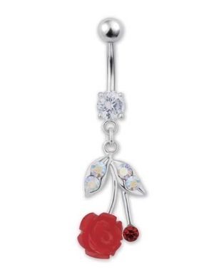Pen Navlepiercing med hengende Rose & Stener - Rød