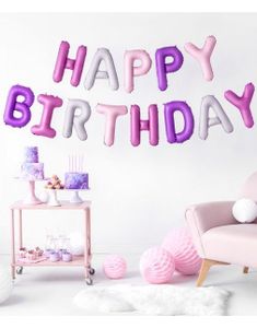 Happy Birthday - Lilla/Rosa/Grå Folieballonger 35 cm