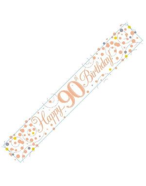 Happy 90th Birthday - 2,7 Meter Hvit og Rosegull Holografisk Banner
