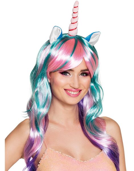 Fantasy Unicorn - Flerfarget Parykk med Ører og Horn