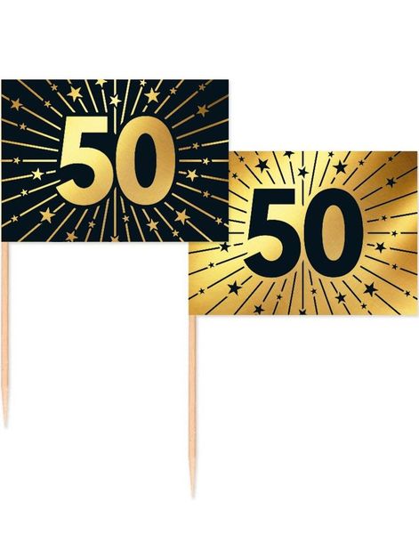 50 Stk 50 år Mat/Kakeflagg 6,5 cm - Svart og Gull