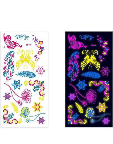 Ark med Fluorescerende Sommerfugl, Blomster, Snøfnugg og Andre Tatoveringer (UV Fake Tattoo)